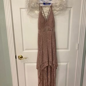 Light rose colored lace high low dress.